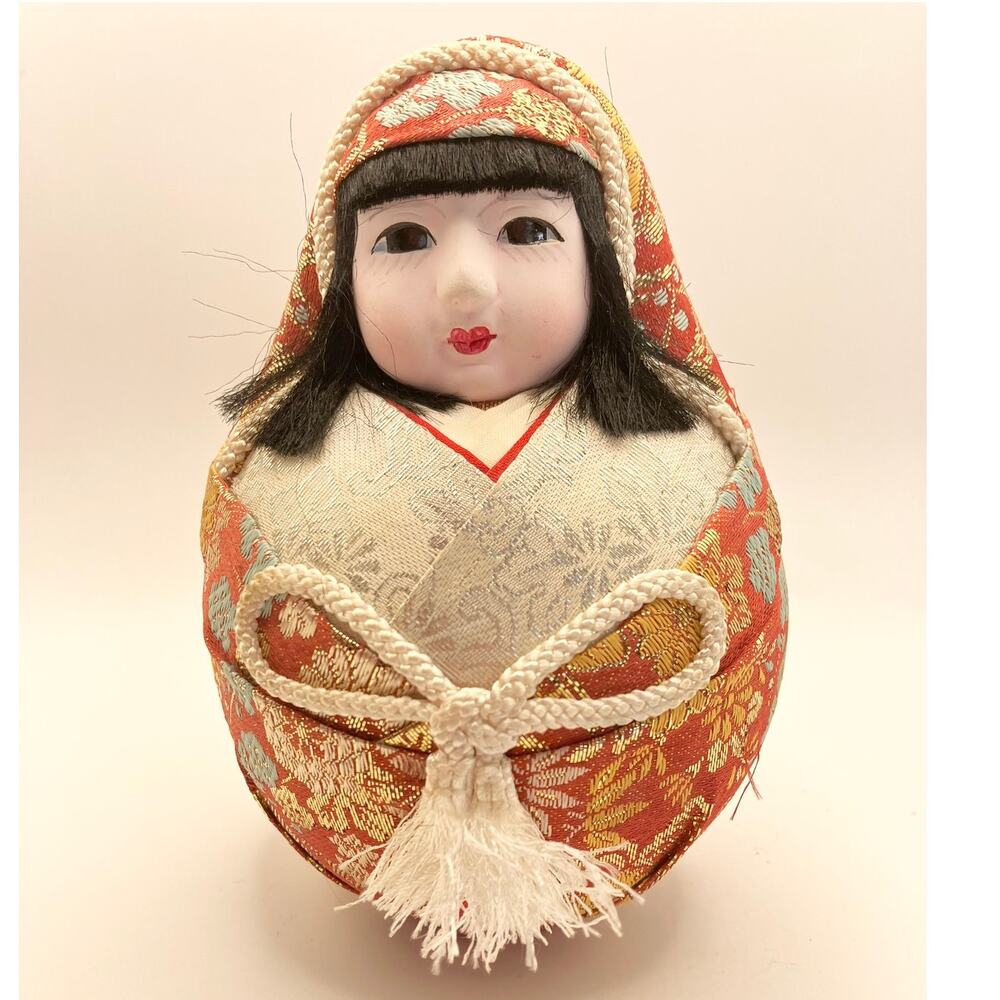 Vintage Japanese Brocade Cloth Doll Daruma Style Handmade Kimono Figure
